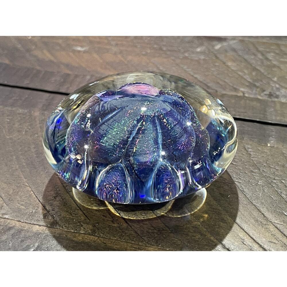 Robert Eickholt Art Glass Blue Flower Paperweight Vintage Sparkle Blue Signed
